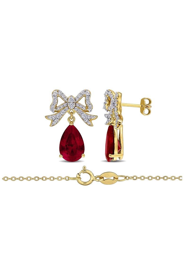 Lab Created Ruby & White Sapphire Bow Pendant Necklace & Stud Earrings Set, Alternate, color, RED
