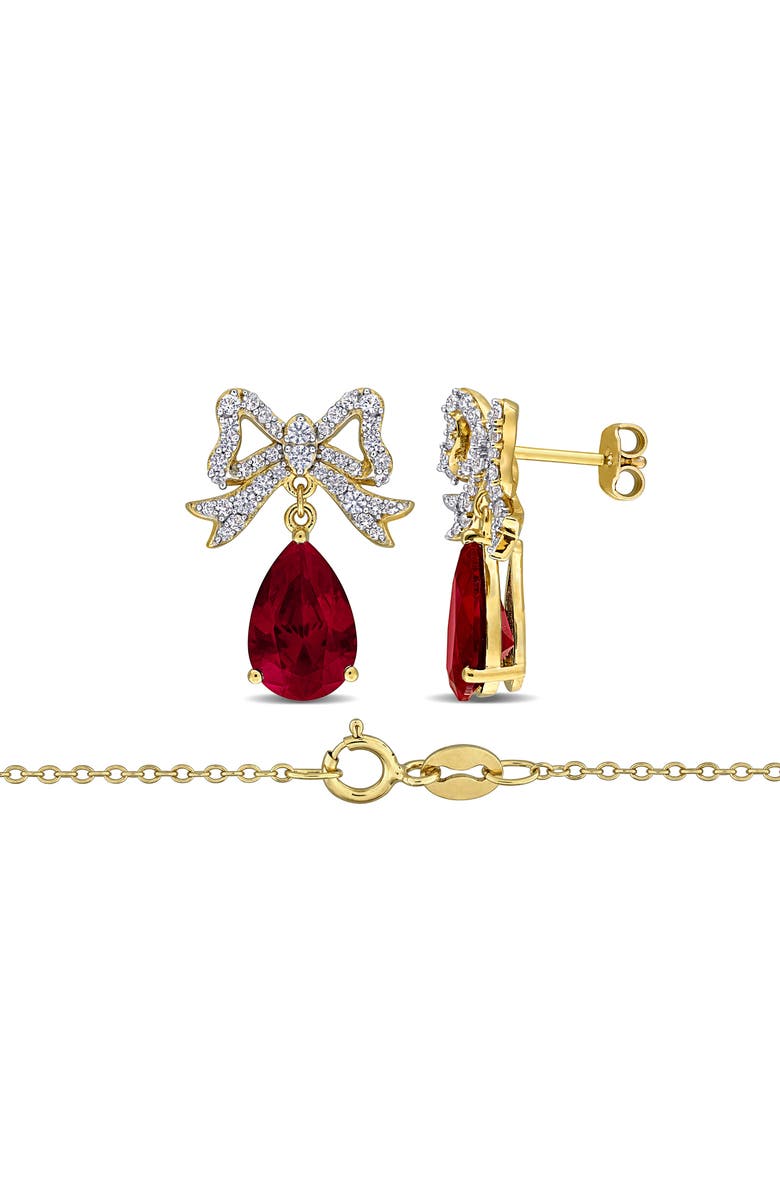 DELMAR Lab Created Ruby & White Sapphire Bow Pendant Necklace & Stud Earrings Set, Alternate, color, Red