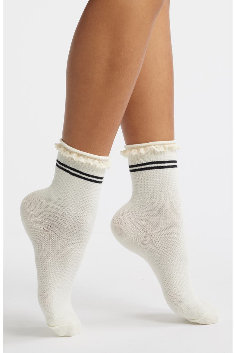 Pointelle Knit Stripe Quarter Socks, Main, color, IVORY