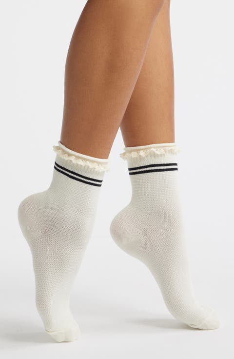 Pointelle Knit Stripe Quarter Socks