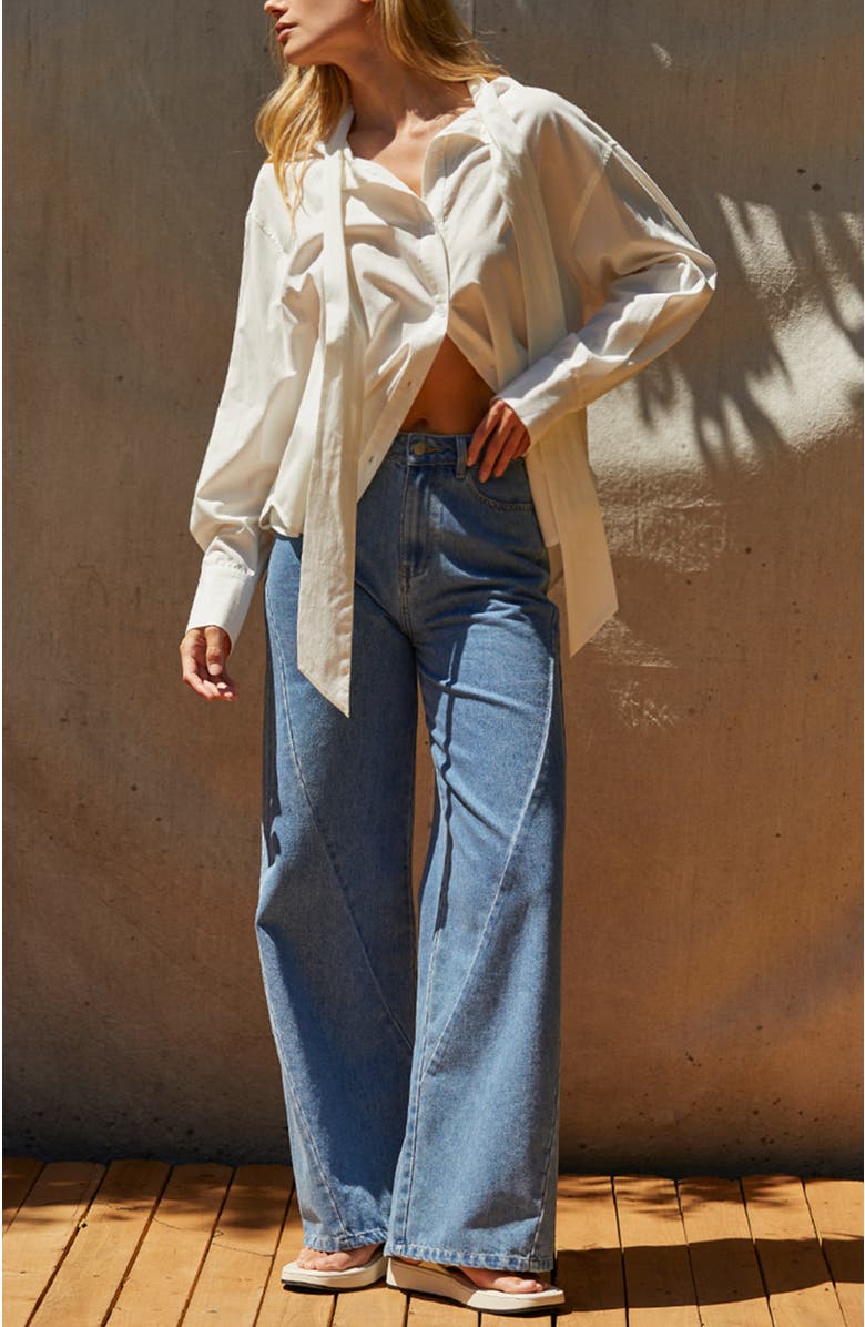 CRESCENT Neck Tie Button Up Blouse, Alternate, color,