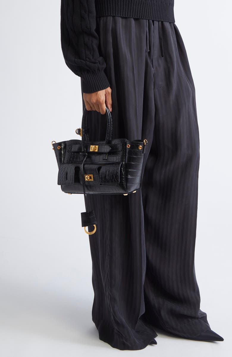 Balenciaga Mini Bel Air Croc Embossed Leather Carry All Tote, Alternate, color, Black