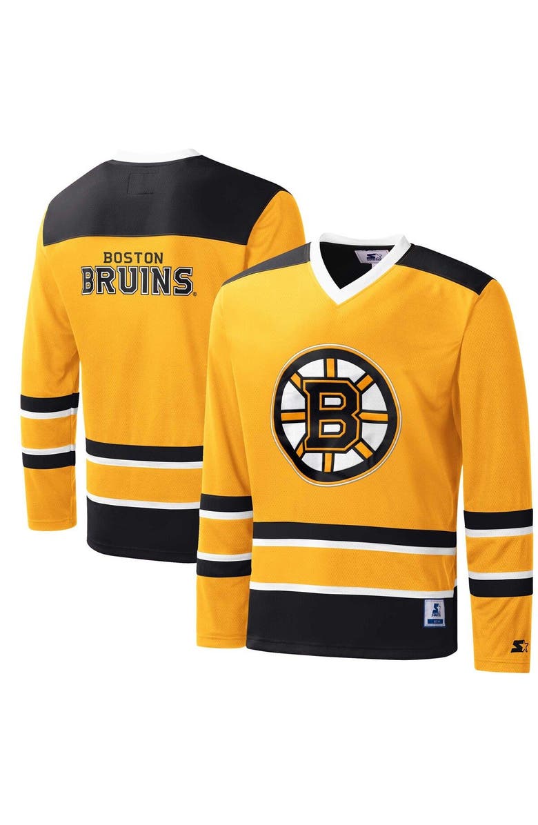 STARTER Men's Starter Gold/Black Boston Bruins Cross Check Jersey V-Neck Long Sleeve T-Shirt, Main, color, 