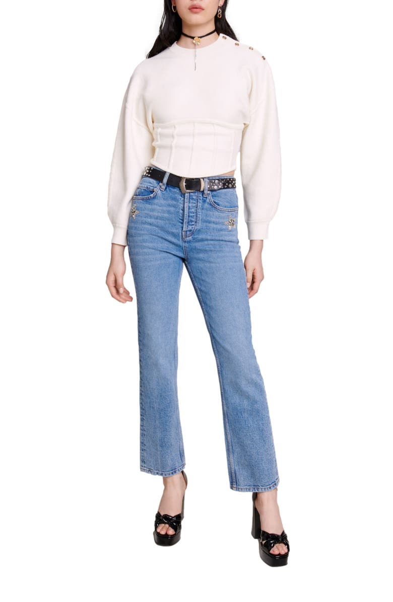 maje Crop Lantern Sleeve Corset Detail Sweater, Alternate, color,