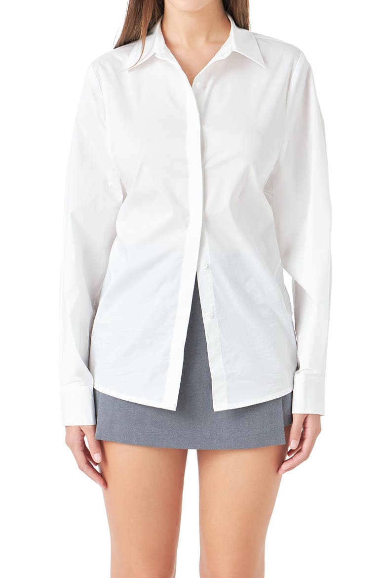 Elastic Back Detail Cotton Blend Button-Up Shirt, Alternate, color, WHITE