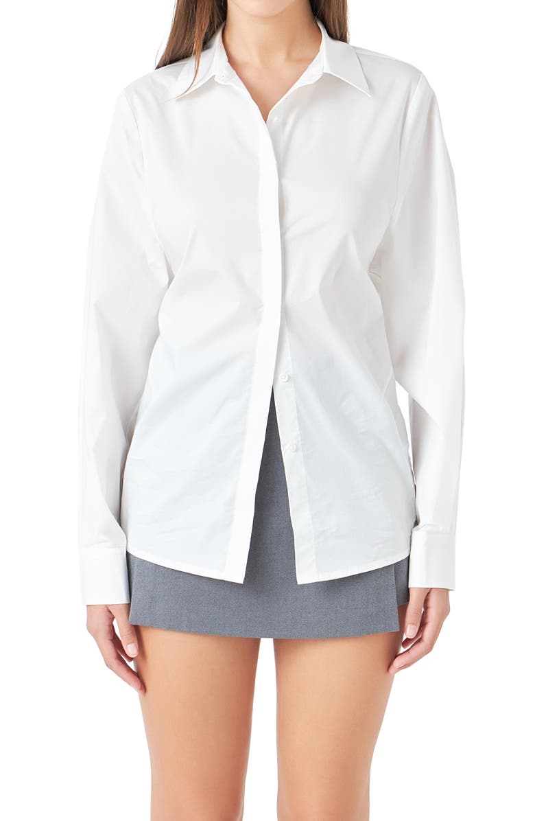 Endless Rose Elastic Back Detail Cotton Blend Button-Up Shirt, Alternate, color, White