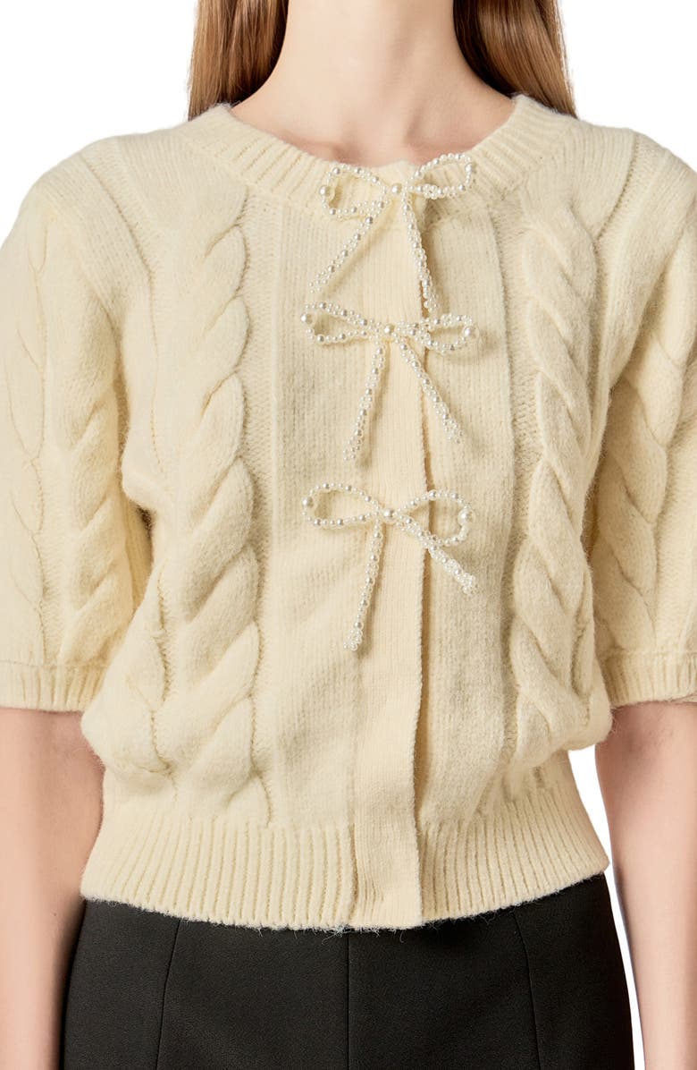 English Factory Bow Front Cable Stitch Cardigan, Alternate, color, Cream