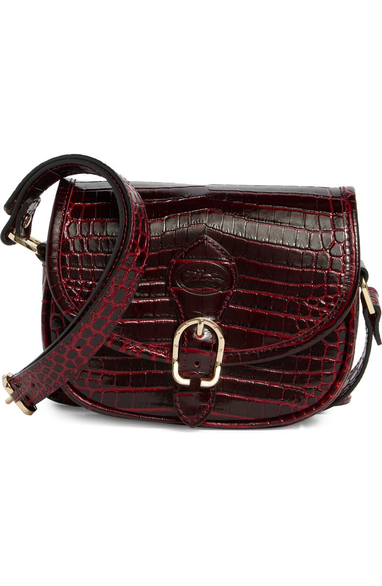 Longchamp Croc Embossed Leather Crossbody Bag, Main, color, Burgundy
