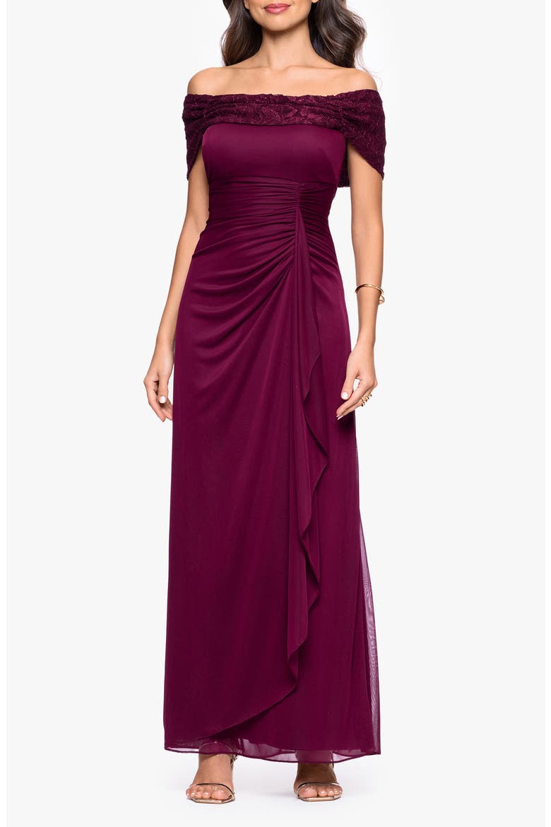 Glitter Lace Off the Shoulder Gown, Main, color, WINE