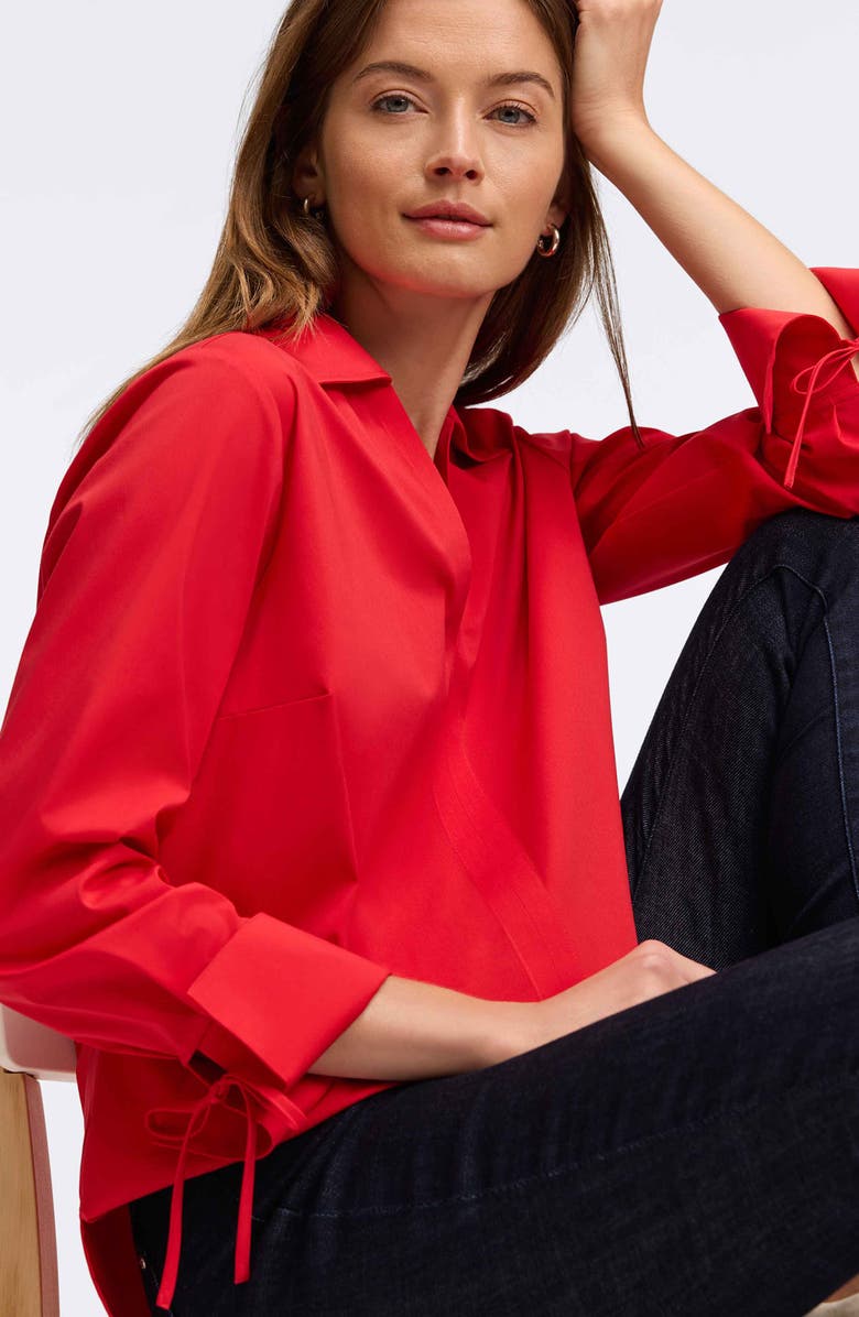 Foxcroft Carla Tie Cuff Cotton Blend Popover Top, Alternate, color, Simply Red