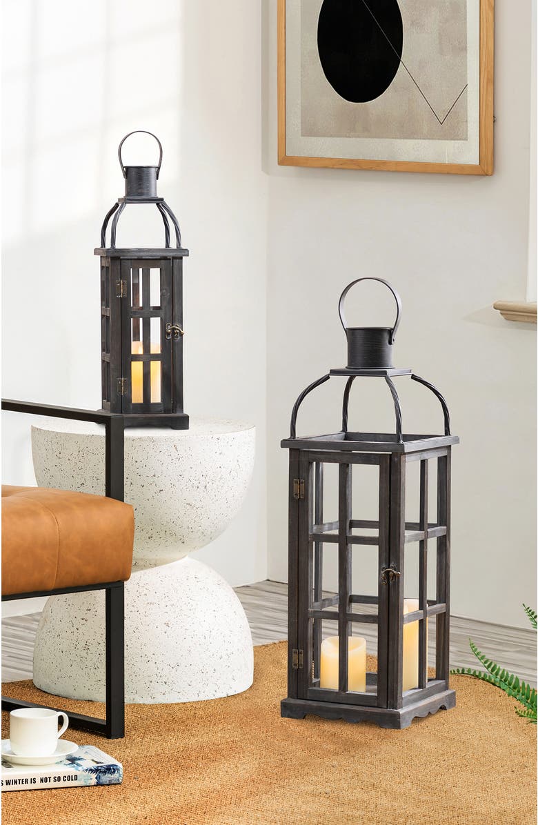 Glitzhome Set of 2 Farmhouse Vintage Wood & Metal Lanterns Candle Holders with Hanger, Alternate, color, Black