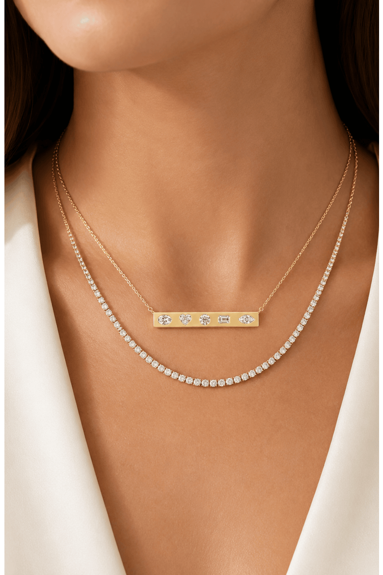 Multi Shape Inlay Bar Lab Diamond Necklace in 14K, Alternate, color, Yellow Gold