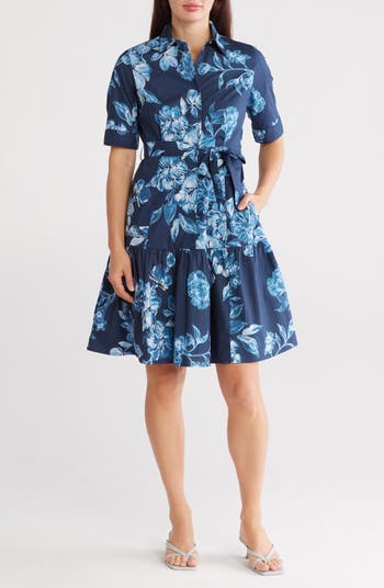 カルバンクライン Floral Cap Sleeve Cotton Shirtdress Calvin Klein Floral Short Sleeve Cotton Shirtdress