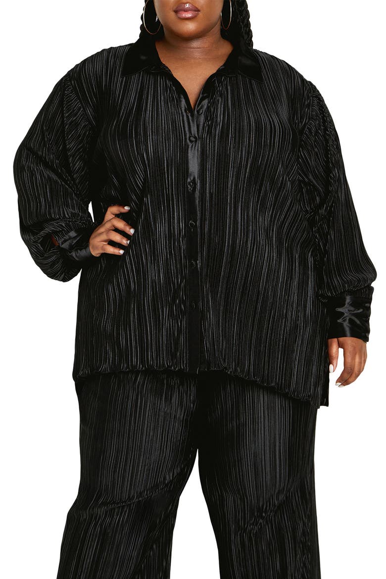 Andi High-Low Plissé Button-Up Shirt, Main, color, BLACK