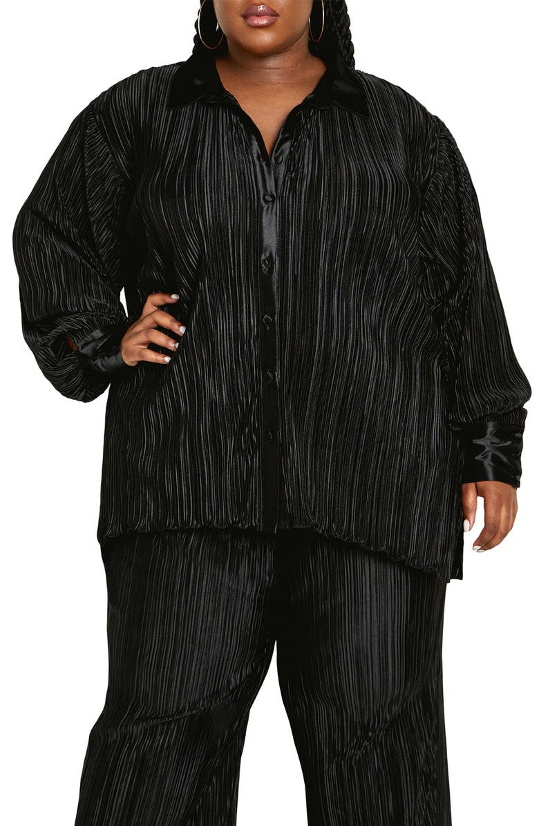 City Chic Andi High-Low Plissé Button-Up Shirt, Main, color, 