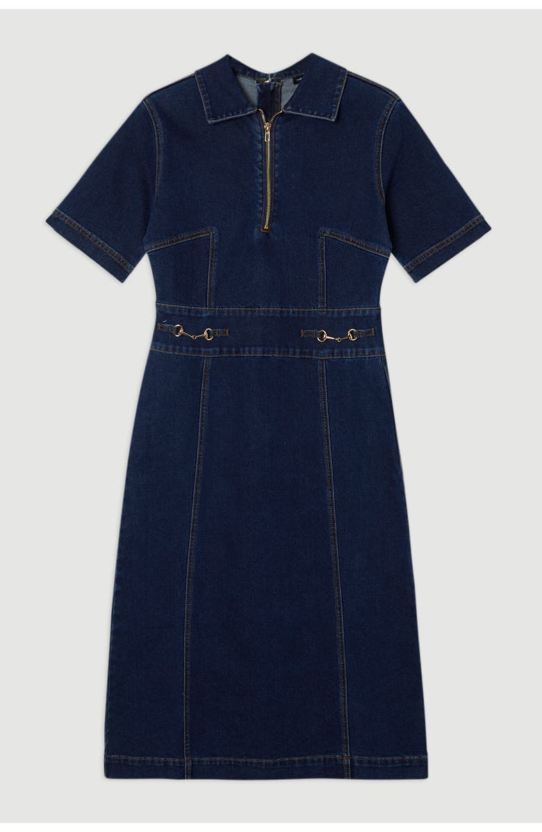 Karen Millen Trim Collared Denim Midi Dress, Alternate, color, Mid Wash