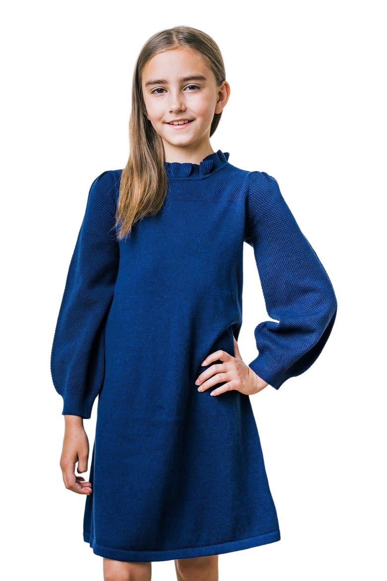 Baby Girls' Organic Ruffle Neck Sweater Dress, Infant, Main, color, Navy Ruffle Collar