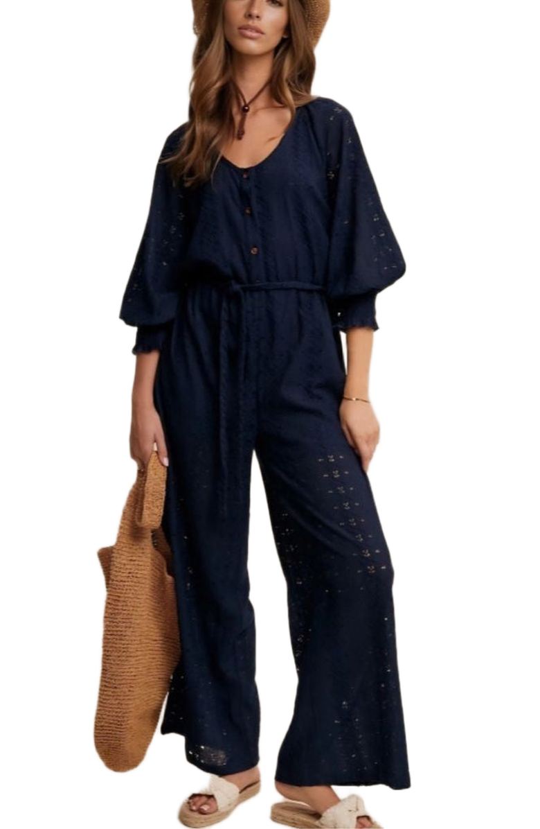 Knit and Lounge Eyelet Wide-Leg Adjustable Waist Jumpsuit, Main, color, Navy Eyelet