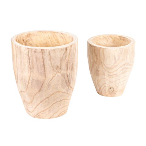 Round Paulownia Wood Planters, Natural, Set of 2