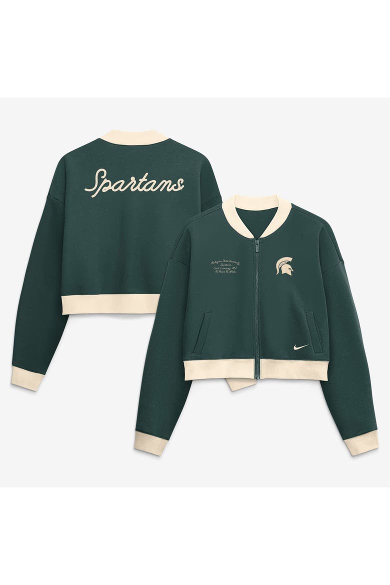Women's Nike Green Michigan State Spartans Oversized Academic Cropped Full-Zip Bomber Jacket, Main, color, Green