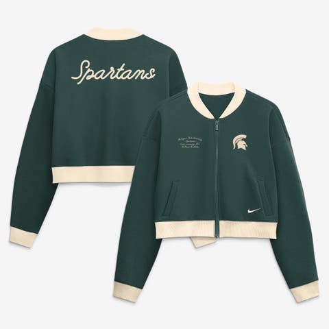 Women's Nike Green Michigan State Spartans Oversized Academic Cropped Full-Zip Bomber Jacket