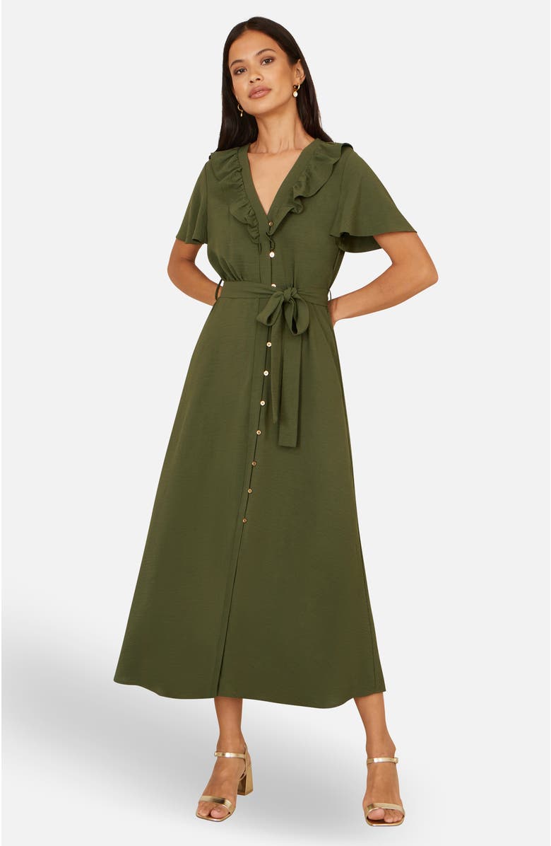 Yumi Ruffle Collar Midi Shirt Dress, Alternate, color, Green