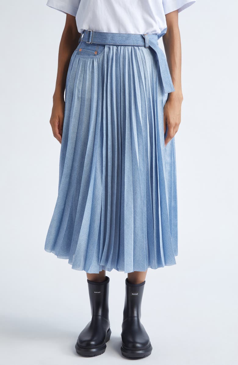 Sacai Pleated Mixed Media Midi Skirt, Main, color, Light Blue