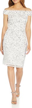 Adrianna Papell Beaded Off the Shoulder Mesh Cocktail Dress