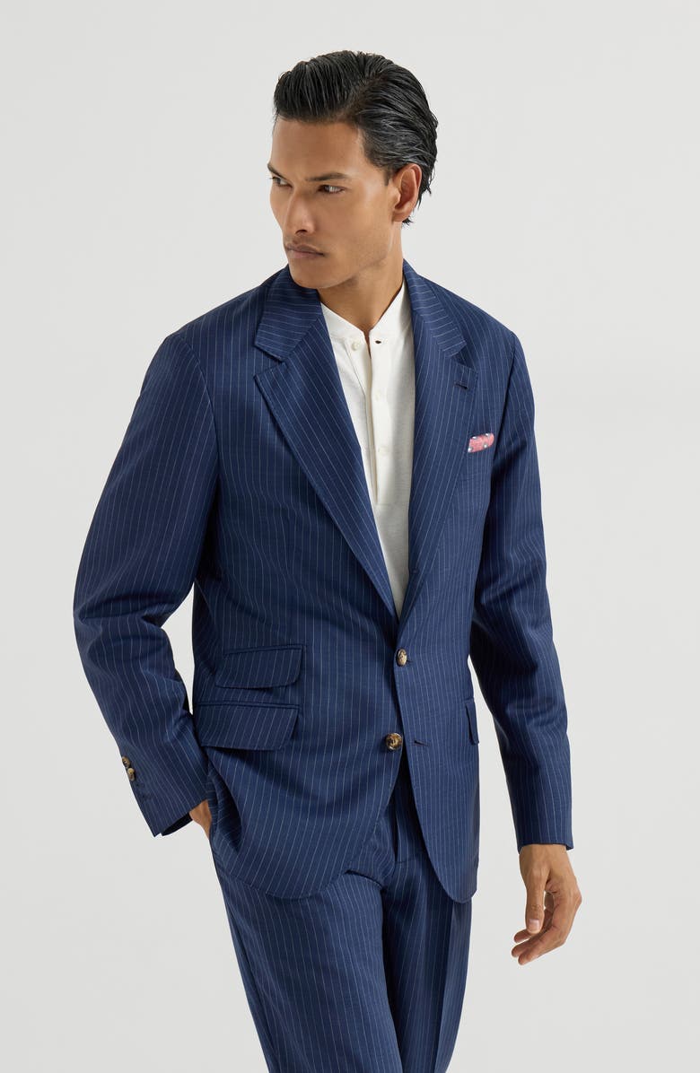 Brunello Cucinelli Chalk stripe deconstructed blazer, Alternate, color, Blue