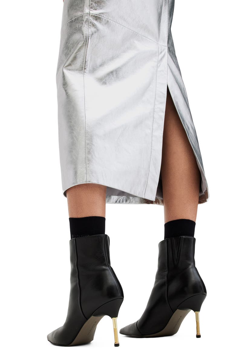 Renai Metallic Leather Midi Skirt, Alternate, color, SILVER