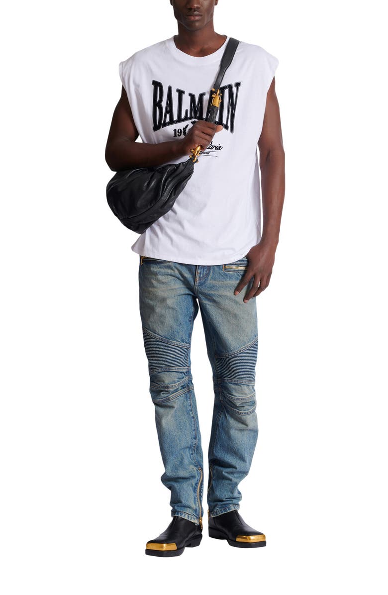 Balmain Biker jeans in vintage denim, Alternate, color, Blue