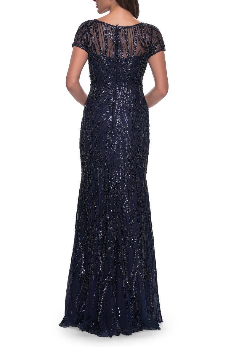 Beaded Print Fitted Evening Dress with Illusion Neckline, Alternate, color, Navy