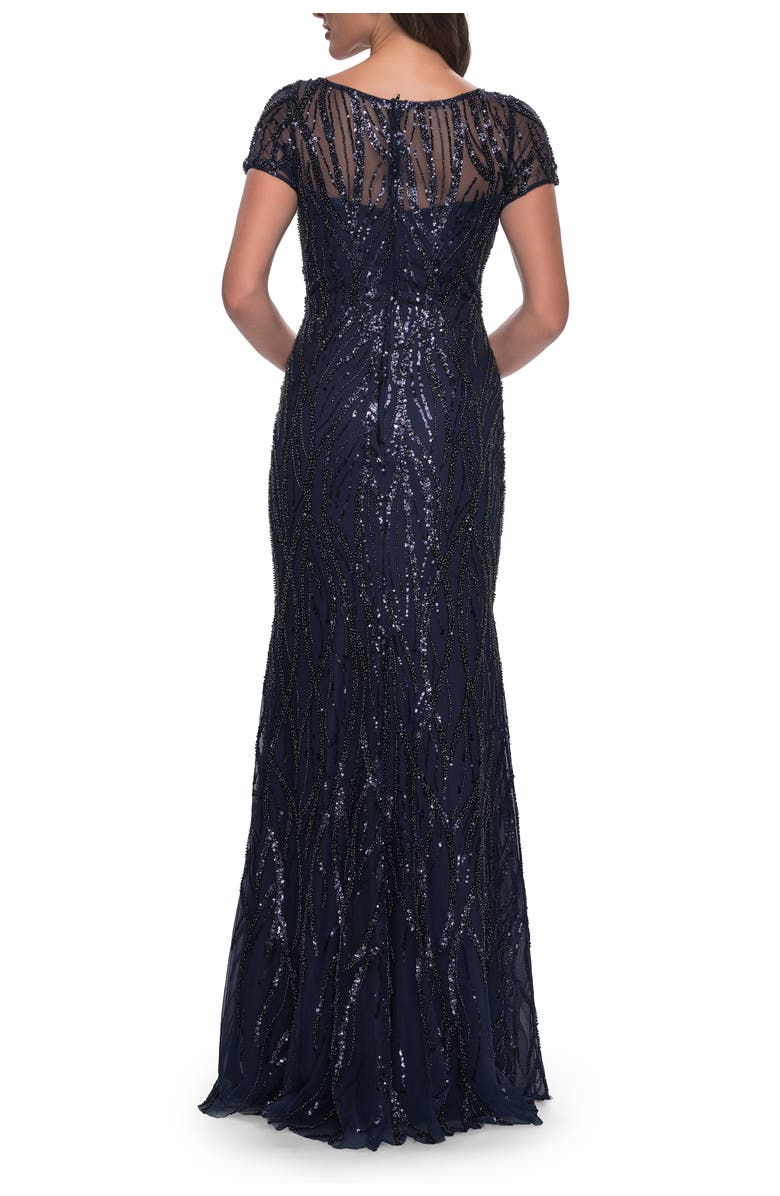 La Femme Beaded Print Fitted Evening Dress with Illusion Neckline, Alternate, color, Navy