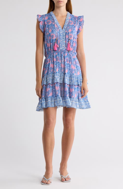 ALICIA BELL Olivia Ruffle Cotton & Silk Cover-Up Sundress in Blue Pink Print 