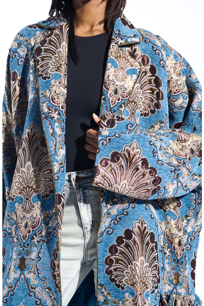 Paisley Jacquard Peplum Coat, Alternate, color, BLUE/ BROWN