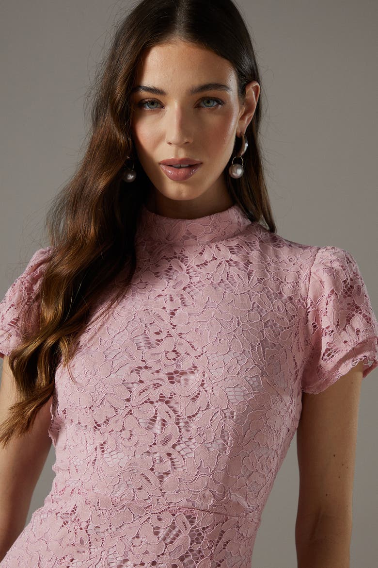 Lace Frill Sleeve High Neck Midi Dress, Alternate, color, Blush