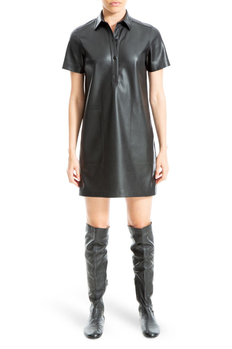Faux Leather Short Sleeve Shirtdress, Main, color, BLACK-BLACK