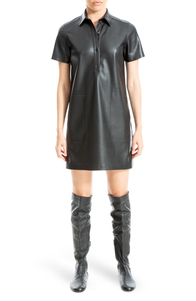 MAX STUDIO Faux Leather Short Sleeve Shirtdress, Main, color, Black-Black