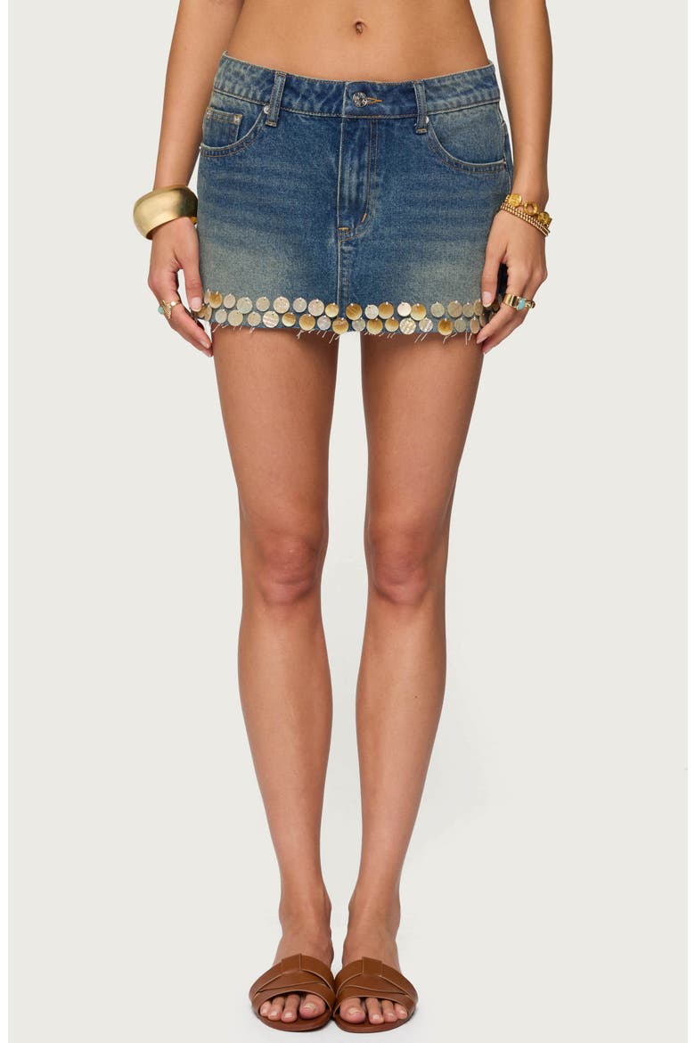 Shaina Sequin Trim Denim Miniskirt, Main, color, BLUE-WASHED