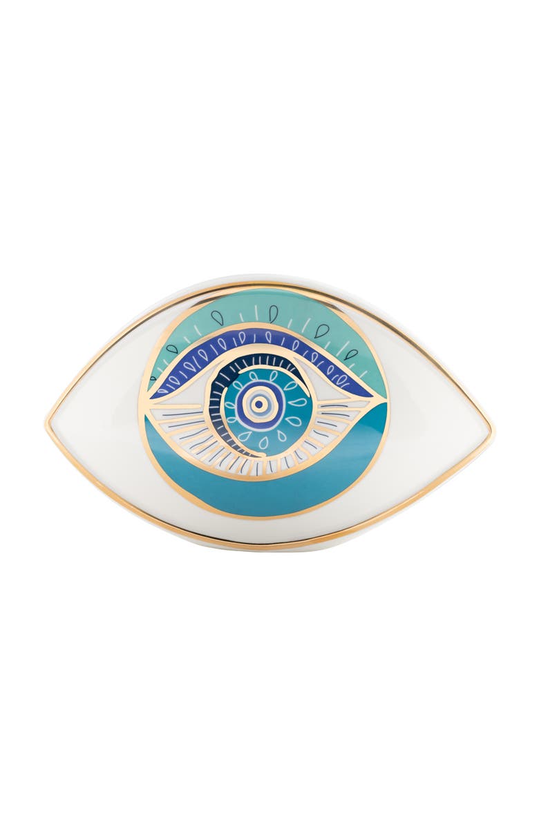 Karma and Luck Protected with Positivity - Evil Eye Ceramic Statue, Main, color, White/Turquoise