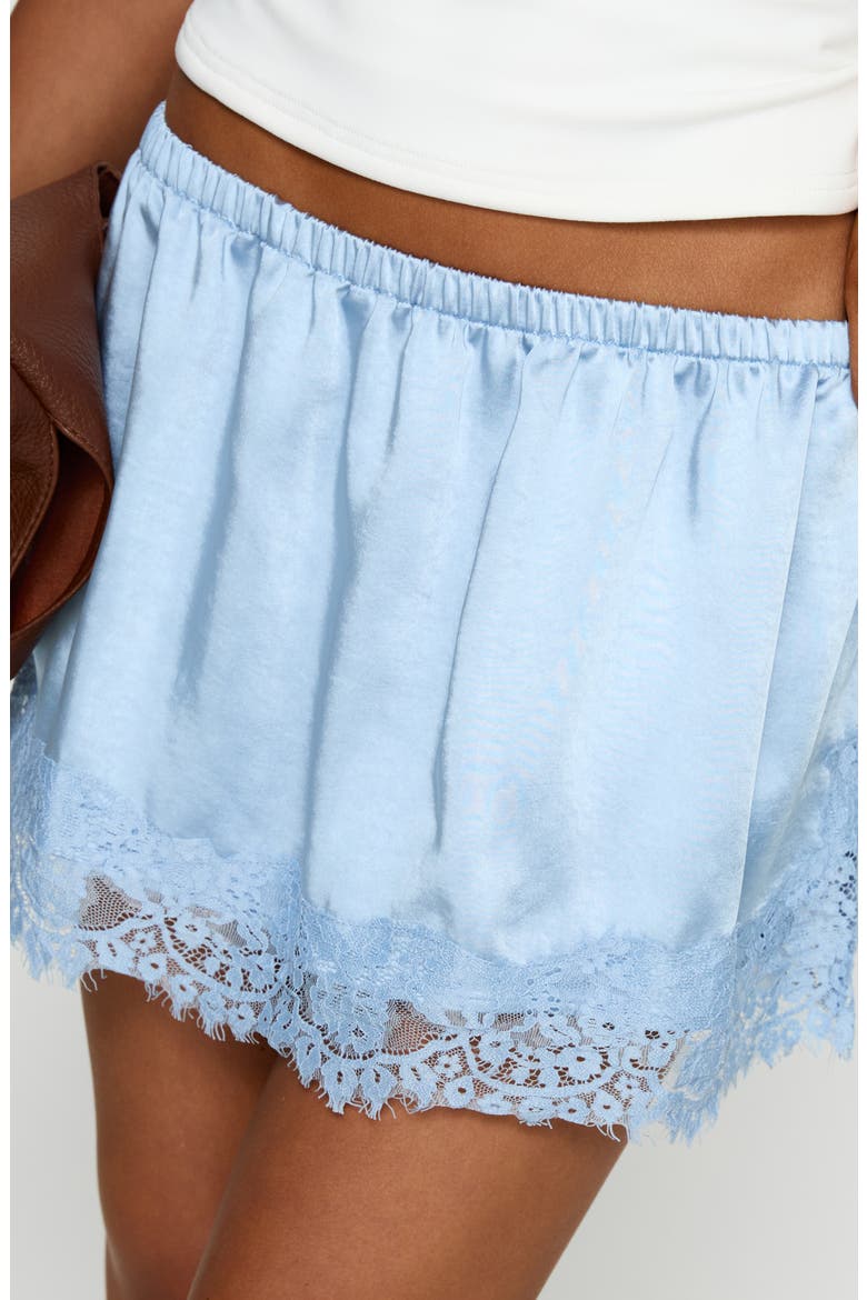Orlynn Satin Lace Trim Miniskirt, Alternate, color, BLUE