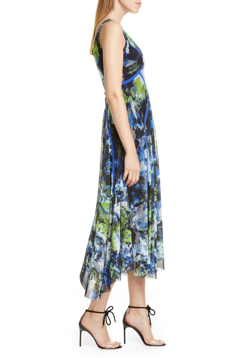 Floral Print Asymmetrical Midi Dress, Alternate, color, NERO