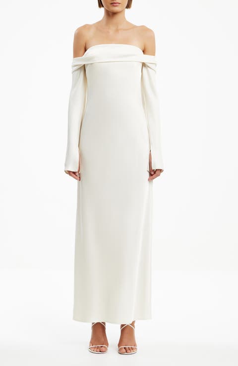 Nadia Off the Shoulder Long Sleeve Satin Maxi Cocktail Dress