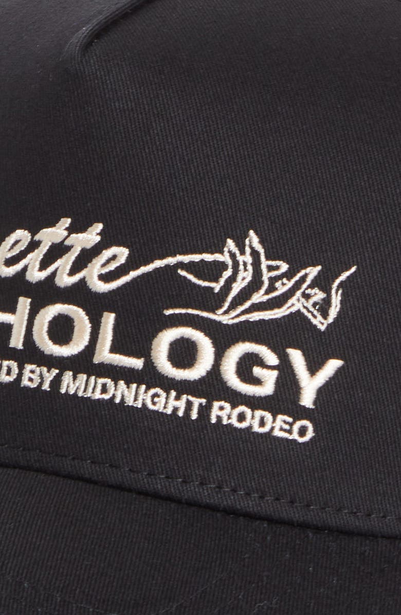 MIDNIGHT RODEO Cigarette Psychology Embroidered Trucker Hat, Alternate, color, Black
