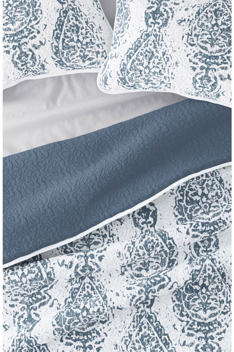 All Season Distressed Damask Reversible Down Alternative Quilt & Sham Set, Alternate, color, DUSK BLUE