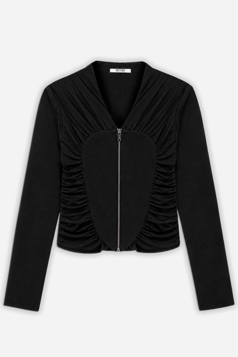 Ruffle Trim Zip Front Blouse, Alternate, color, Black
