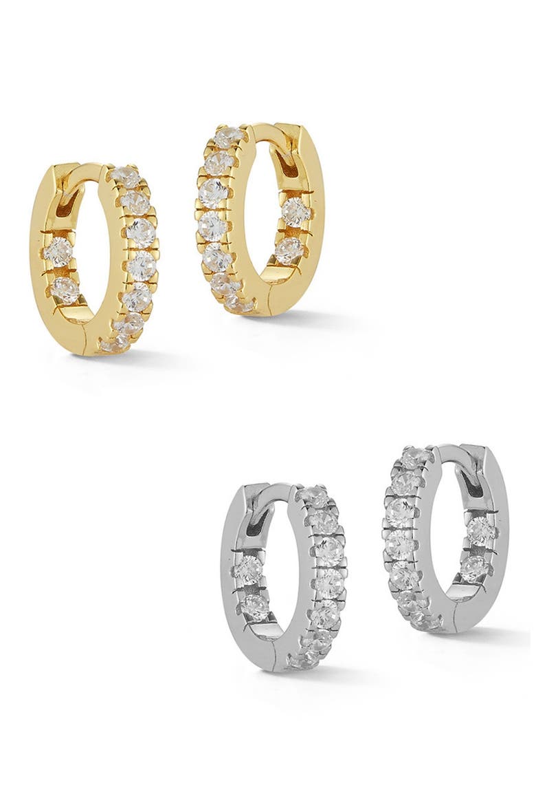 Two-Tone Vermeil & Sterling Silver Pave CZ Huggie Hoop Earrings Set, Main, color, MULTI