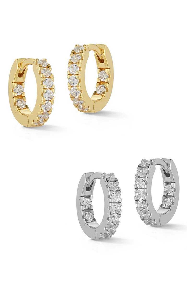 GLAZE JEWELRY Two-Tone Vermeil & Sterling Silver Pave CZ Huggie Hoop Earrings Set, Main, color, 