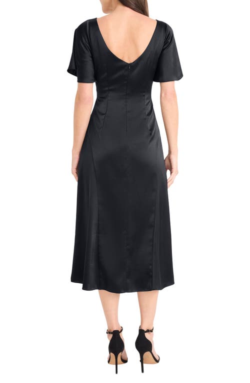 Maggy London Flutter Sleeve Ruched Satin Midi Dress In Black