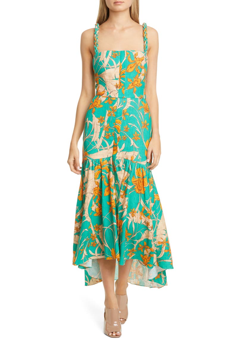 Twist Strap Print Linen Midi Dress, Main, color, CARRIBEAN AQUA/ MANGO ORANGE